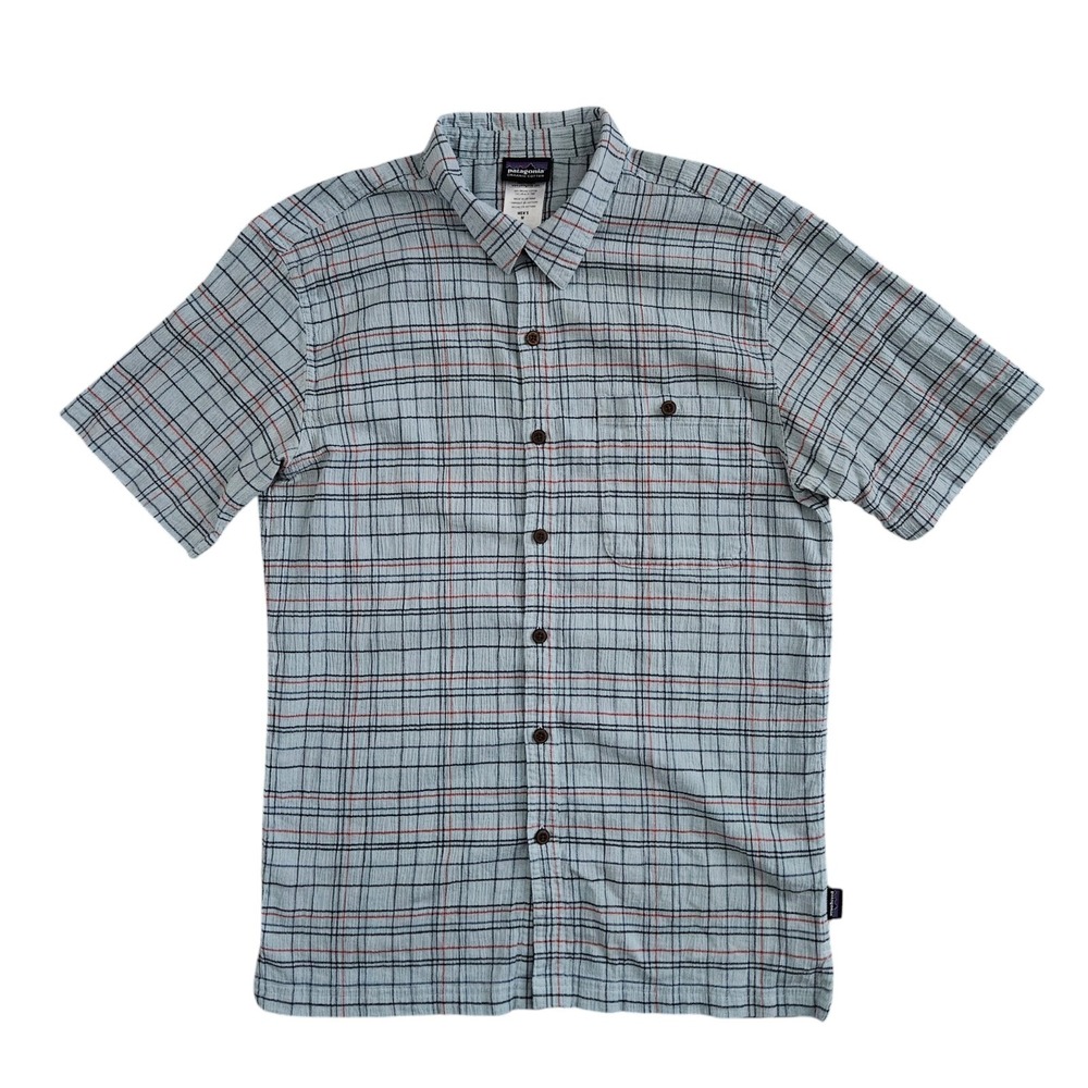 Patagonia (Mens Medium) Seersucker Yachting Button Front Shirt Short Sleeve Blue